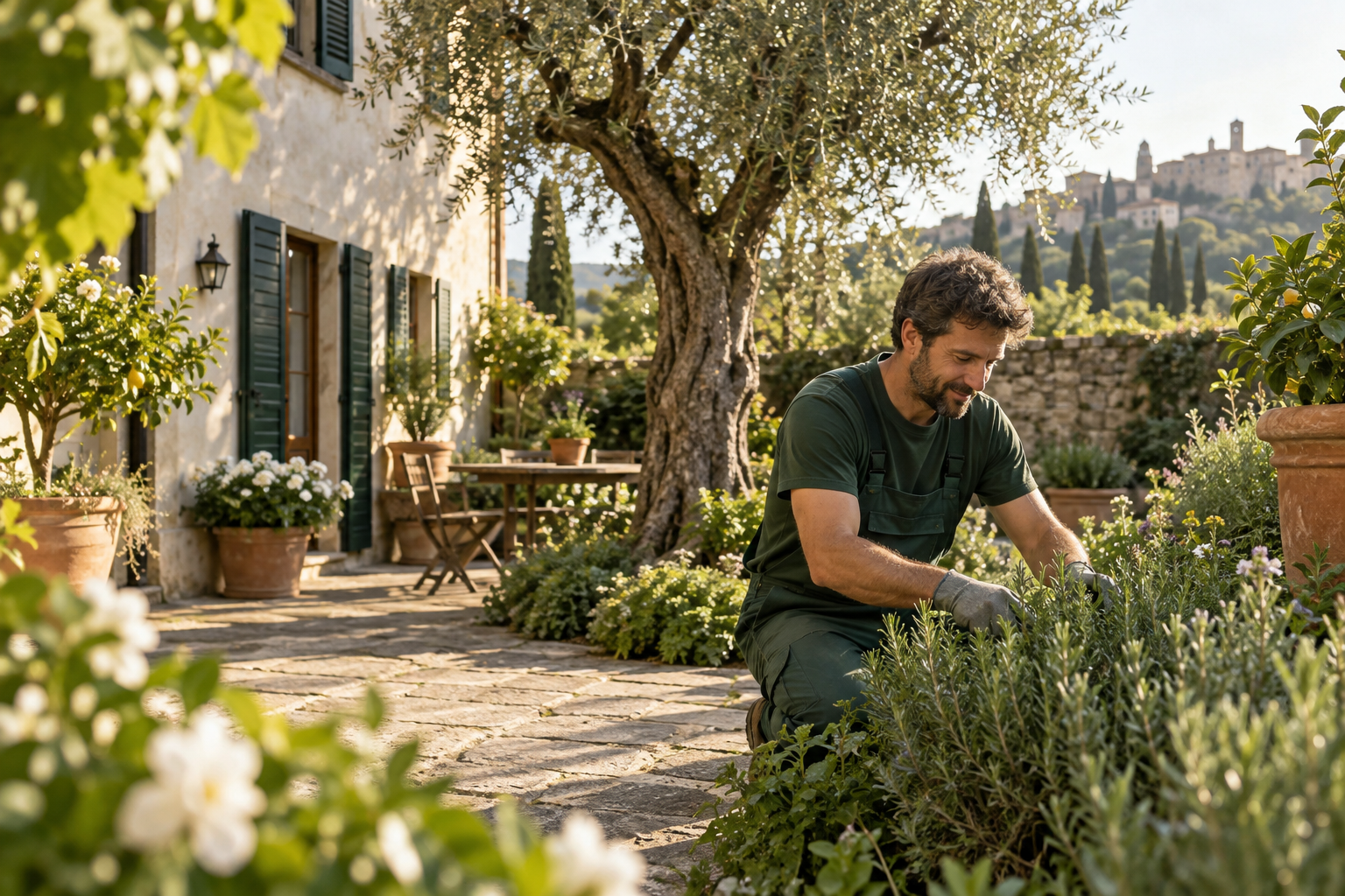 Un giardiniere si prende cura delle piante in un cortile italiano. Immagine illustrativa generata.
